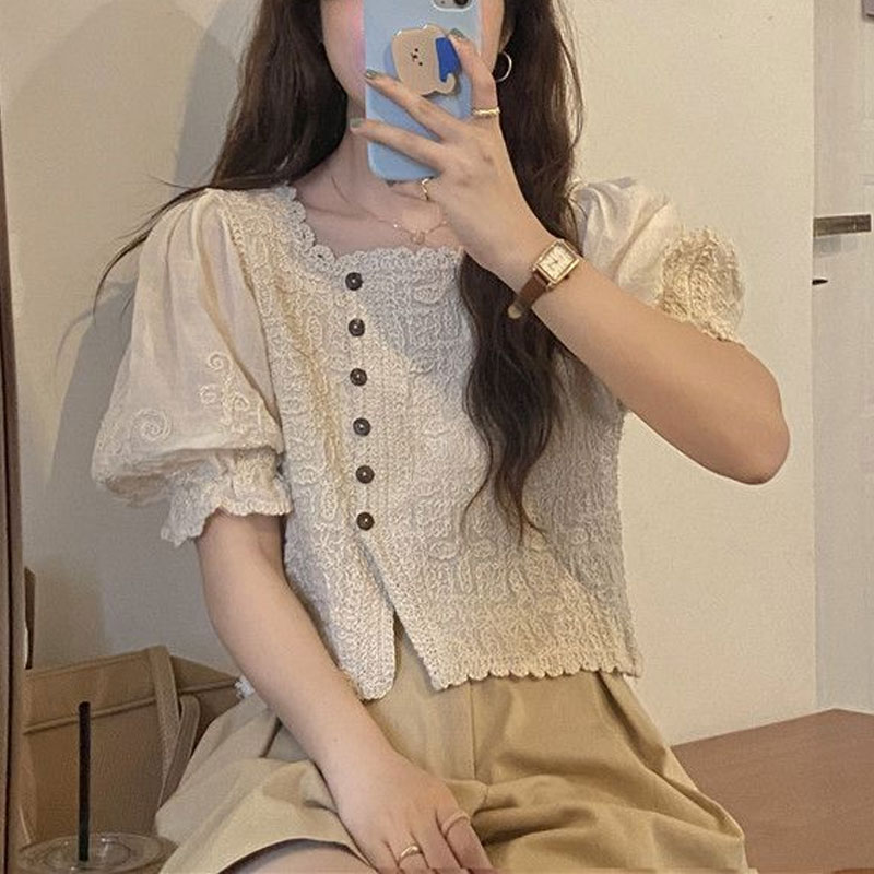 Summer Clothing In French - Camisas con cuello cuadrado de encaje
